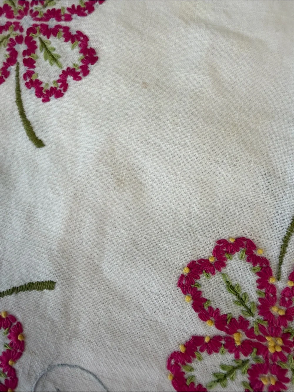 Embroidered Floral Linen Doily - Pink & Green